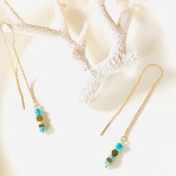 boucles d'oreilles pendantes en plaque or 24 carats cahinnette en perles dorées turquoise d''Egypte hématite Ma Jungle Family