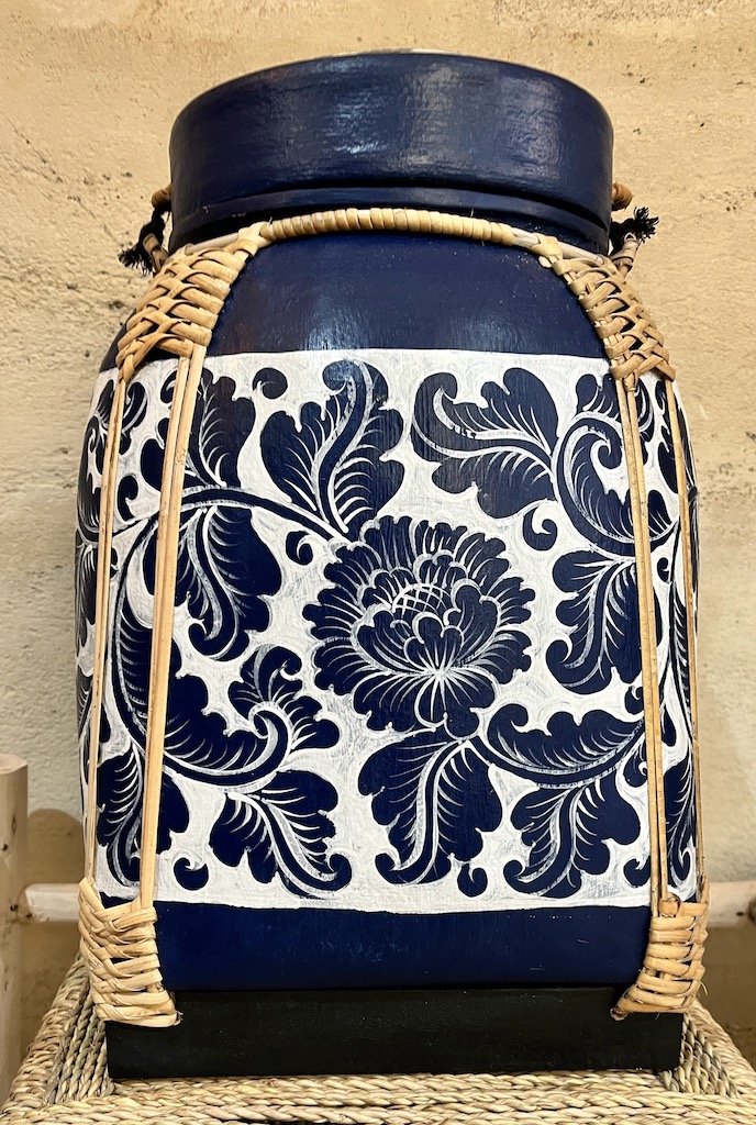 bambou rice box boite a riz fabrique en thailande a la main peinte belu nuit fleurs blanche urne decaoration Ma Jungle Family