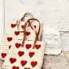 Panier marocain brodé coeur love tresse et brode a la main au Moroc doubles anses en cuir dessin ethnique boheme Ma Jungle Family duo maman fille
