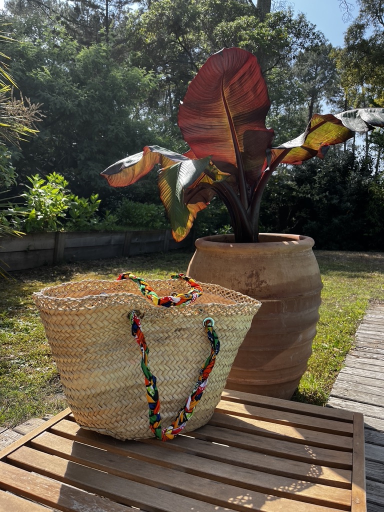 Panier marocain tresse en wax, tissu africain anses dessin ethnique boheme Ma Jungle Family duo maman fille panier avec dentelle de feuille de palmier