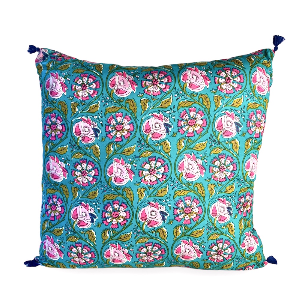 housse de coussin lotus fuschia blanc coton indien jaipur blockprint vert emeraude vert amande Ma Jungle Family