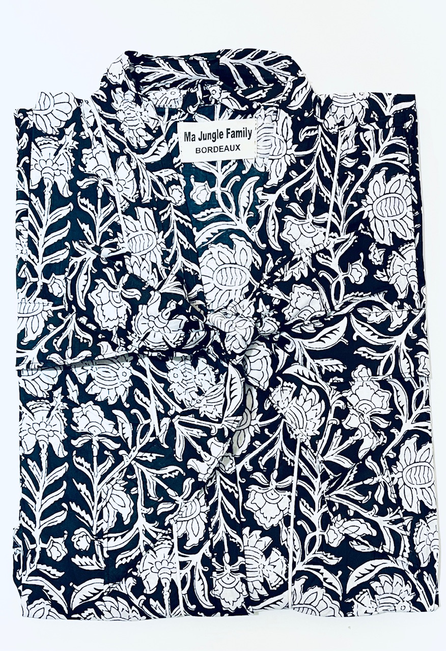 kimono moutarde butterfly papillons fleuri nénuphar vert émeraude fuschia coton blockprint Inde Ma Jungle Family bleu nuit