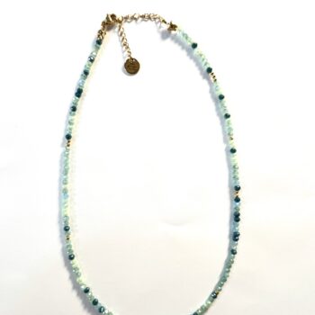collier ras de cou bleu canard vert celadon perles dorées plaquées or perles à facettes made in france fabrique en france creatrice de bijoux bracelet plaque or Ma Jungle Family