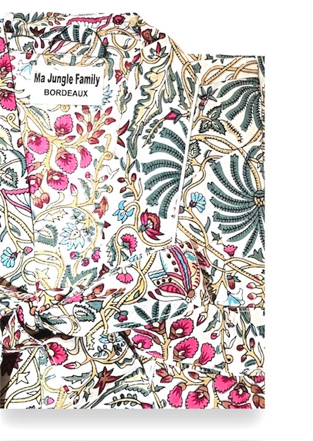 kimono moutarde blanc butterfly papillons fleuri nénuphar vert émeraude fuschia coton blockprint Inde Ma Jungle Family