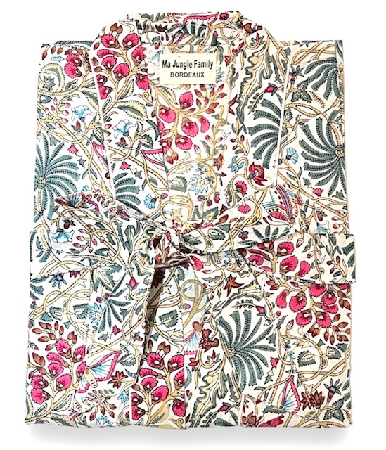 kimono moutarde blanc butterfly papillons fleuri nénuphar vert émeraude fuschia coton blockprint Inde Ma Jungle Family