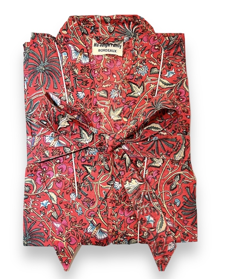 kimono framboise butterfly papillons fleuri nénuphar vert émeraude fuschia coton blockprint Inde Ma Jungle Family