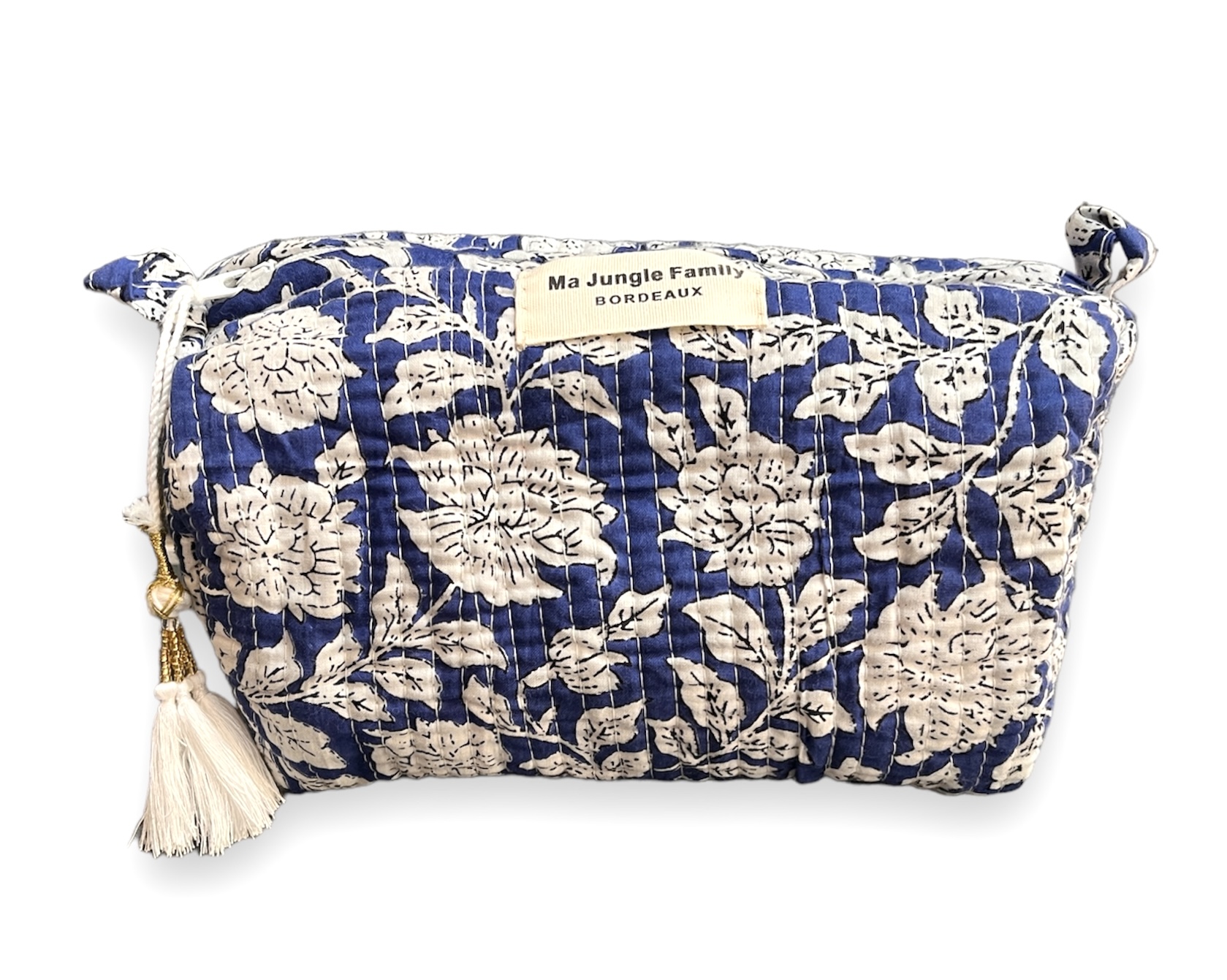 trousse de toilette en coton indien bleu nuit imprime blockprint fleuri matelasse moutarde pompon Jaipur Ma Jungle Family