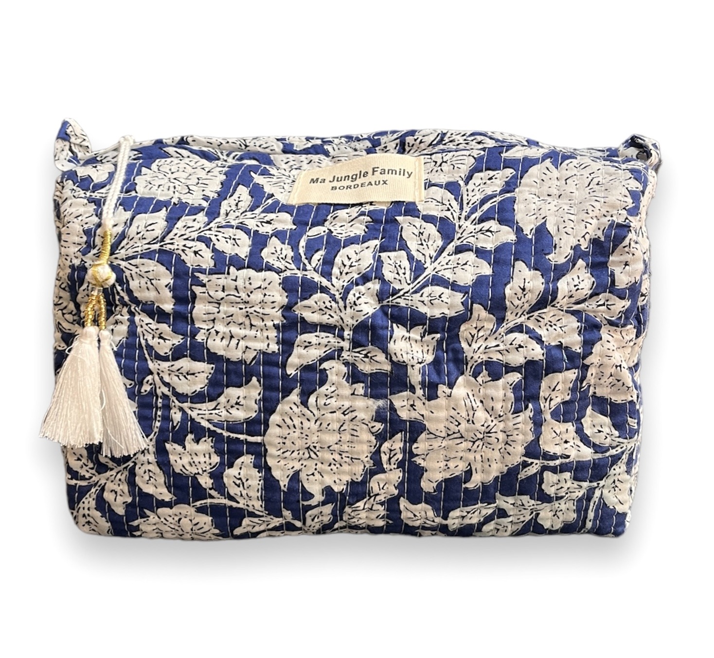 trousse de toilette en coton indien bleu nuit imprime blockprint fleuri matelasse moutarde pompon Jaipur Ma Jungle Family