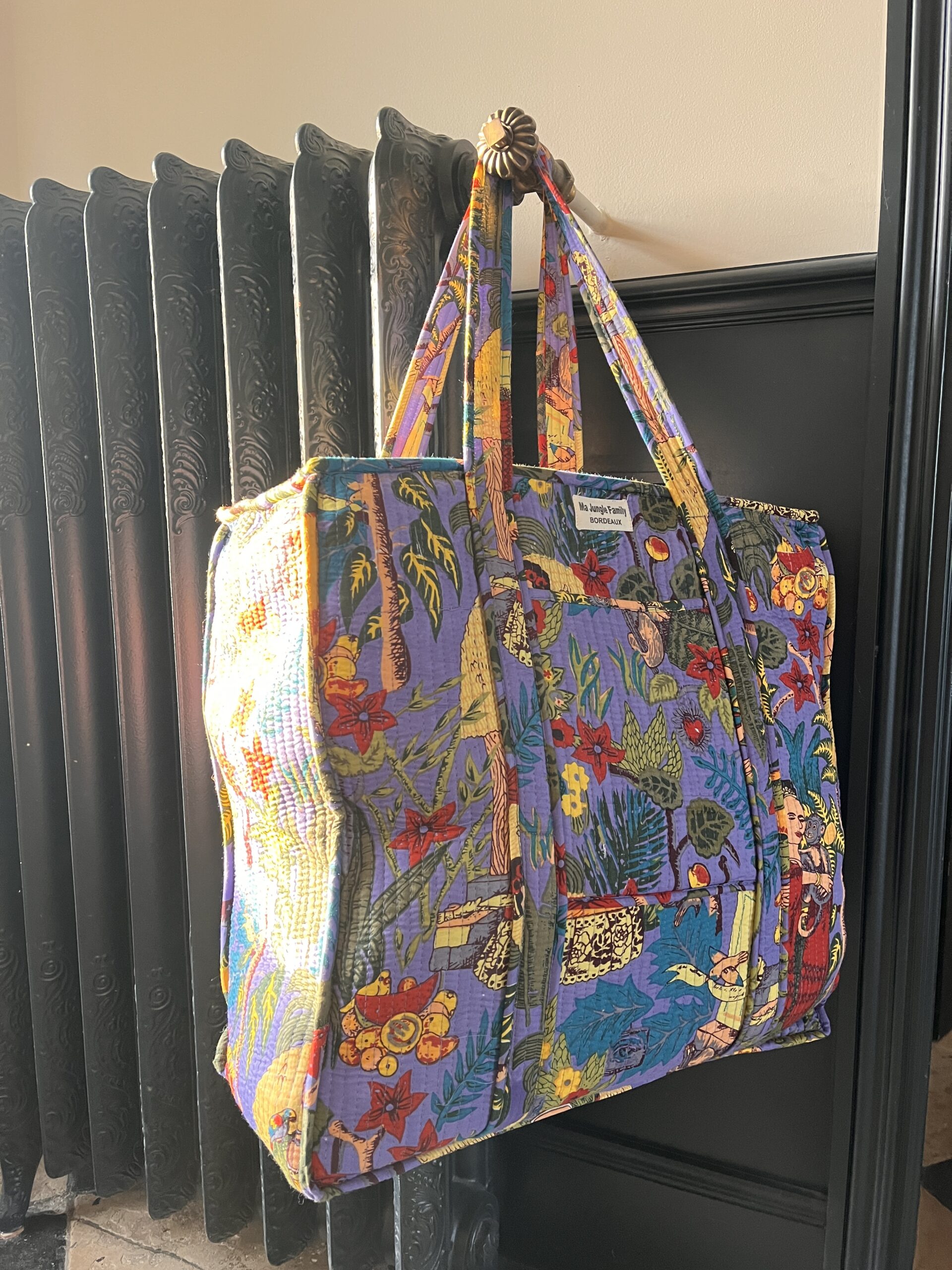 Gand cabas sac molletonne matelasse coton safran bleu fleuri sac a langer kaki violet Inde blockprint Ma jungle Family sac de plage, valise cabine marine fleurs rouges dahlia, vert Frida Kahlo