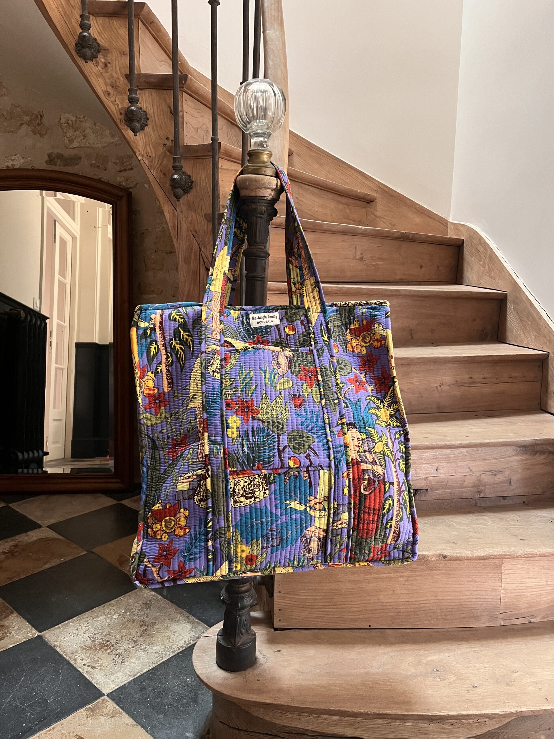 Gand cabas sac molletonne matelasse coton safran bleu fleuri sac a langer kaki violet Inde blockprint Ma jungle Family sac de plage, valise cabine marine fleurs rouges dahlia, vert Frida Kahlo Violet