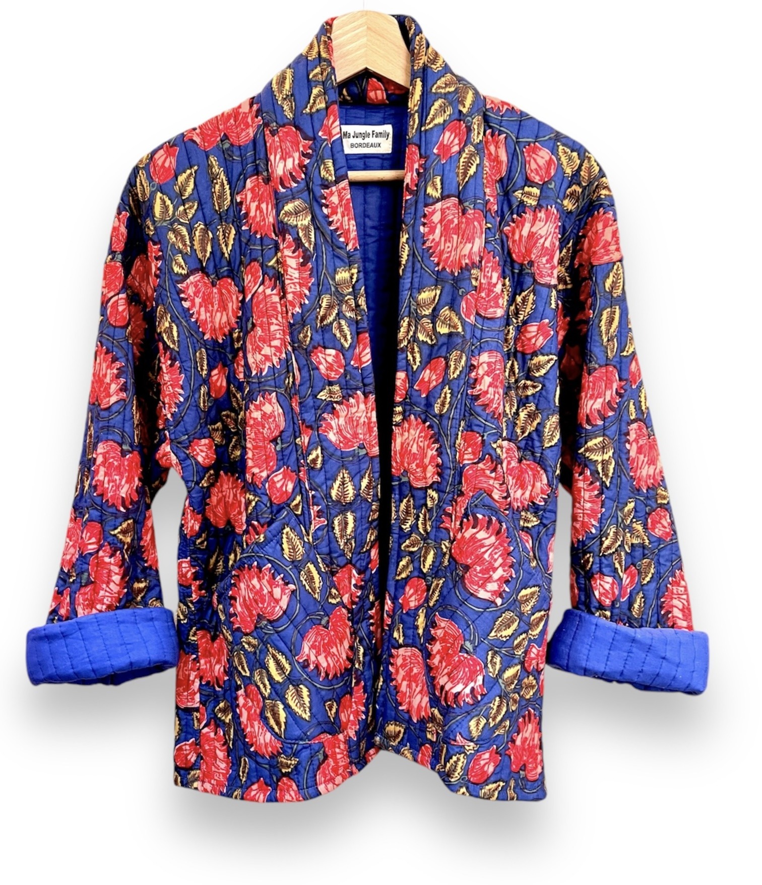 Veste matelassée, Coton indien, Fait main, Surpiqure artisanale, Confort, Chaleur, Vêtements ethniques, Mode durable, Vêtements faits à la main, Ma Jungle Family, violet, marine et dahlia rouge