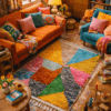 tapis colré multicolore Maroc laine atlas fait main franges Ma JUngle Family