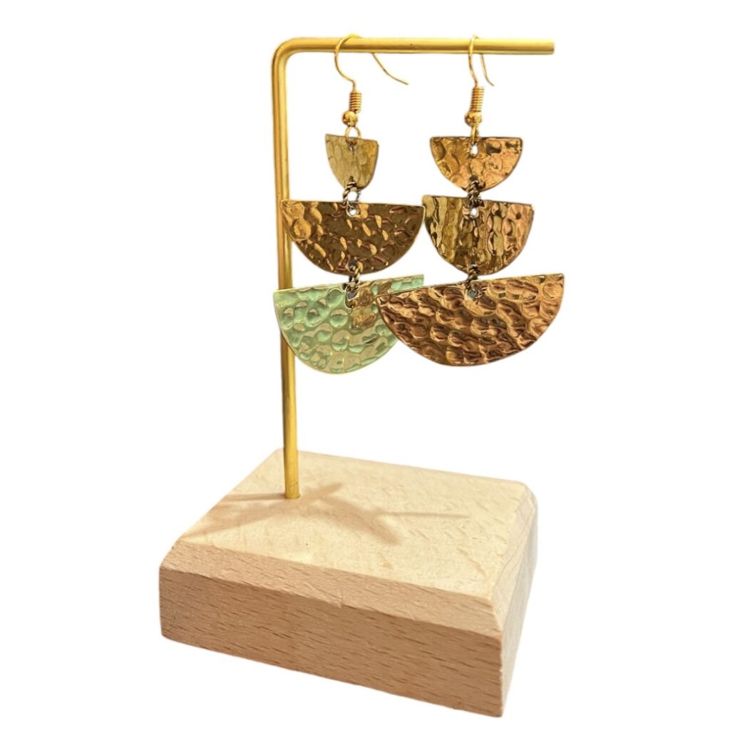 Boucle d’oreille en forme de goutte amande, en laiton, doré, martelé Ma Jungle Family, pendante, demi-lune, triple