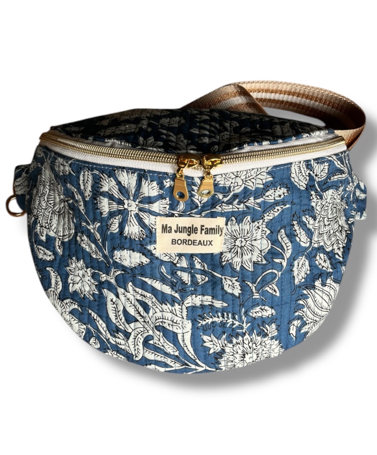 Sac banane en coton indien, tissu fleuri, double fermeture éclaire, jaune safran Ma jungle Family, bleu, cousu main, anse ajustable, matelassée, liberty