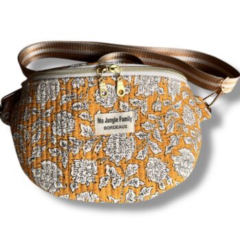 Sac banane en coton indien, tissu fleuri, double fermeture éclaire, jaune safran Ma jungle Family, bleu, cousu main, anse ajustable, matelassée, liberty