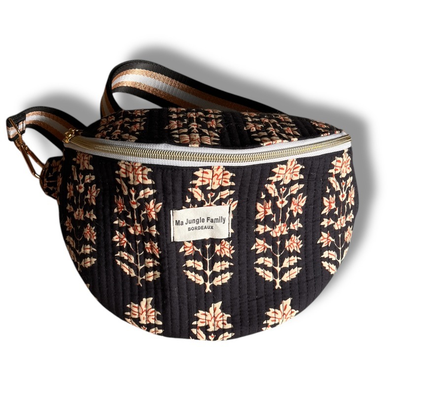 Sac banane en coton indien, tissu fleuri, double fermeture éclaire, jaune safran Ma jungle Family, bleu, cousu main, anse ajustable, matelassée, liberty, noir imprimé au blockprint, kalambari, Jamini, bindi, apaches