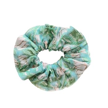 Chouchou élastique pour cheveux en tissu fleuri imprimé au blockprint en Inde vert d’eau Ma Jungle Family