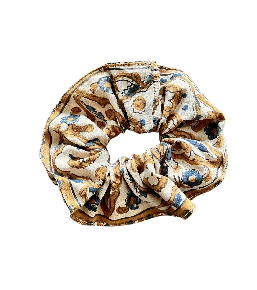 Chouchou élastique pour cheveux en tissu fleuri imprimé au blockprint en Inde vert d’eau Ma Jungle Family Bleu bagru Rose couleurs terre turquoise fleurs gris céladon