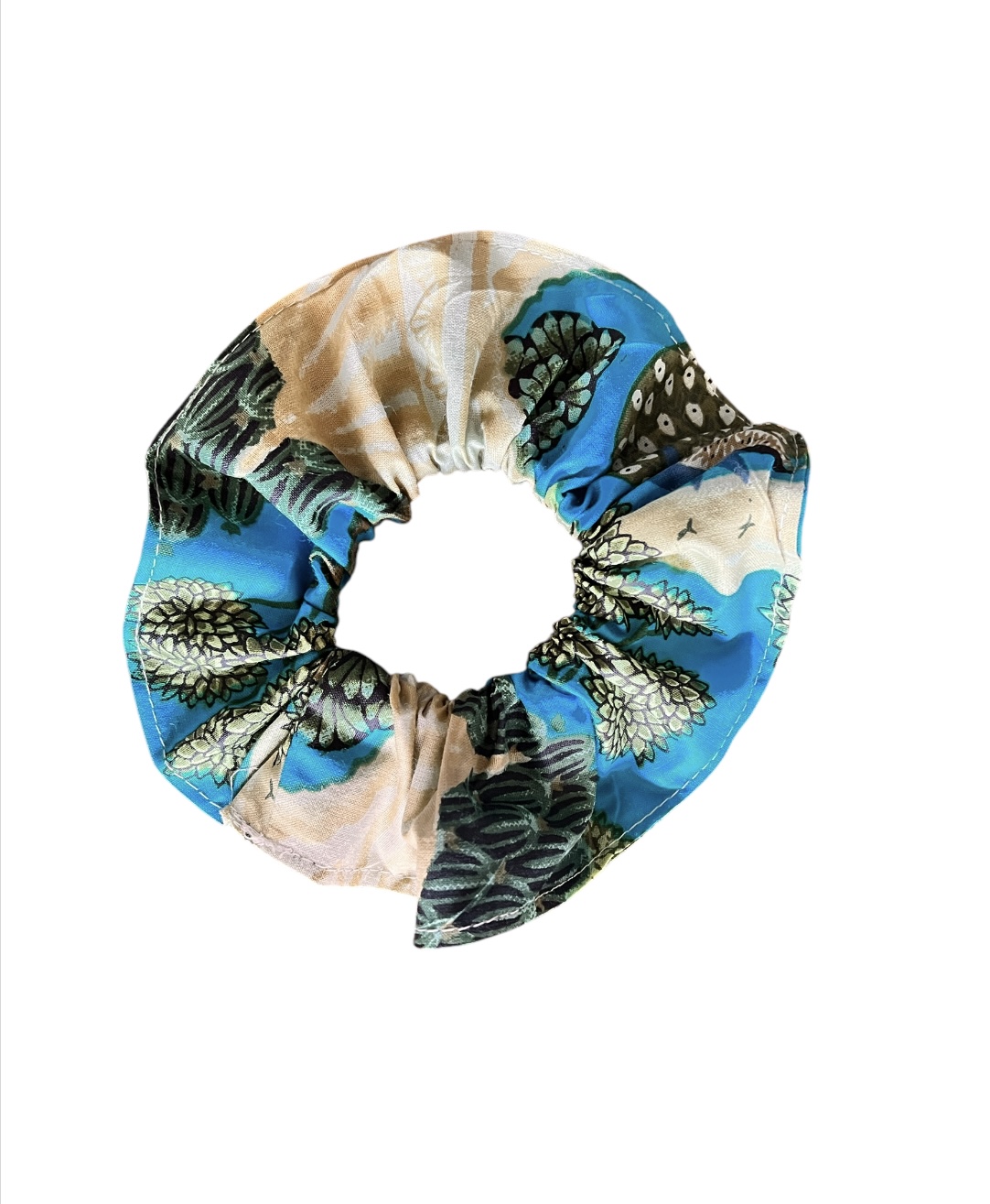 Chouchou élastique pour cheveux en tissu fleuri imprimé au blockprint en Inde vert d’eau Ma Jungle Family Bleu bagru Rose couleurs terre turquoise fleurs gris céladon
