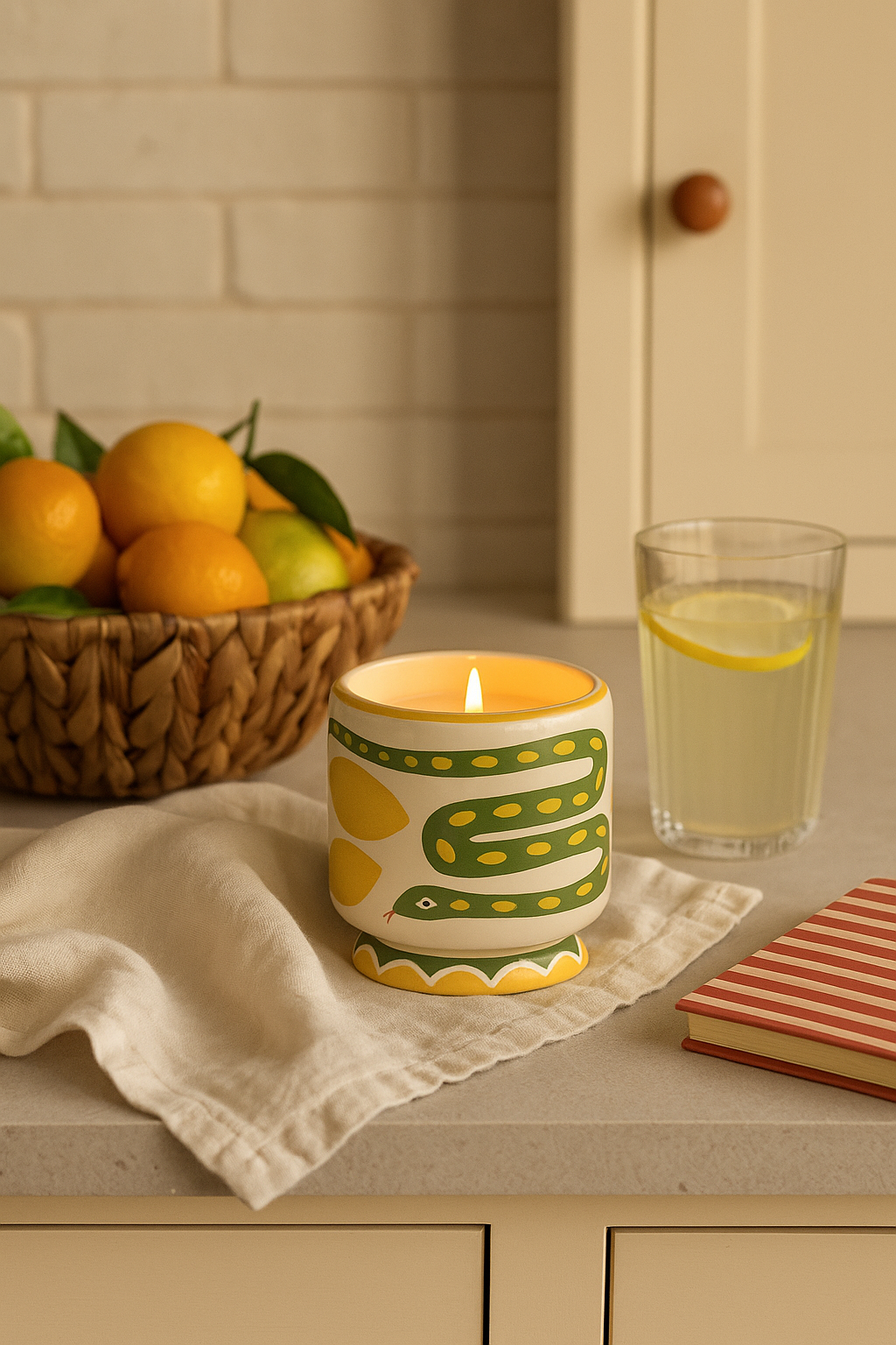 Bougie en céramique peinte a la main au Vietnam, serpent, snake, adopo, paddywax