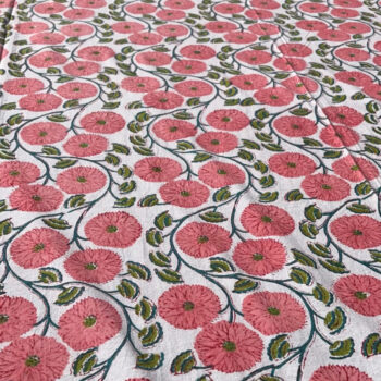 Nappe en coton indien imprimée au blockprint a Jaipur en Inde, fleur coquelicot, saumon, rayures vertes Ma Jungle Family