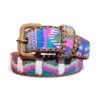 Ceinture brodée ethnique, coton tisse a la main, Guatemala, cuir véritable tresse. Là mansa, latch, Ma Jungle Family, l’île bleue, bordeaux, très colorée