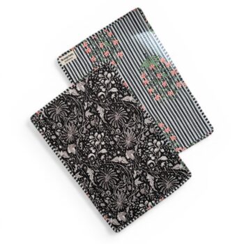 set de table matelassé coton indien fait main a jaipur motif fleuri au blockprint vert émeraude violet fleurs rose fluo Ma Jungle Family Bleu nuit fleur de dahlia rouge, noir a fleurs papillons, butterfly. Reversible