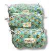 Trousse de toilette en coton matelasse indien imprime au blockprint, couleur menthe vert céladon avec des fleurs jaunes