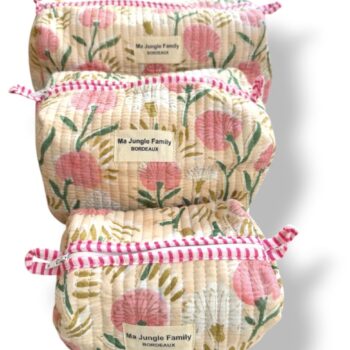 Trousse de toilette en coton matelasse indien imprime au blockprint, couleur à fleurs roses