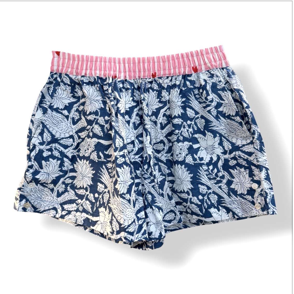 Short en coton indien bleu et rose