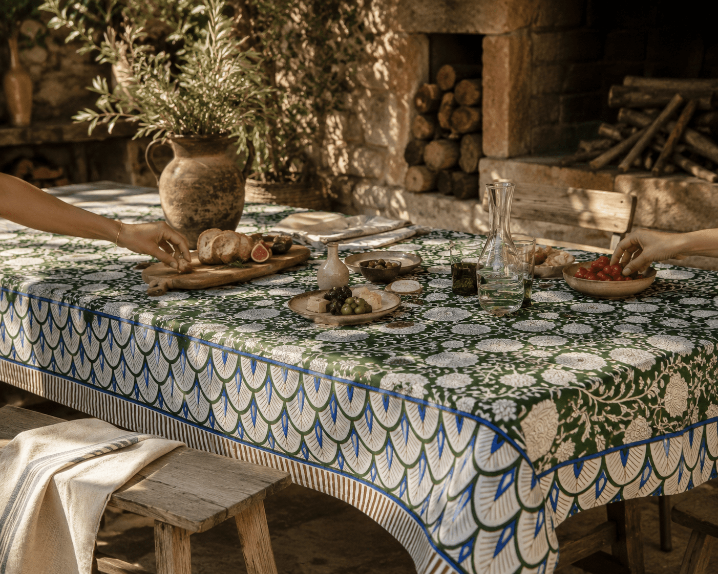 Nappe indienne vert prairie, deco boheme, ecoresponsable