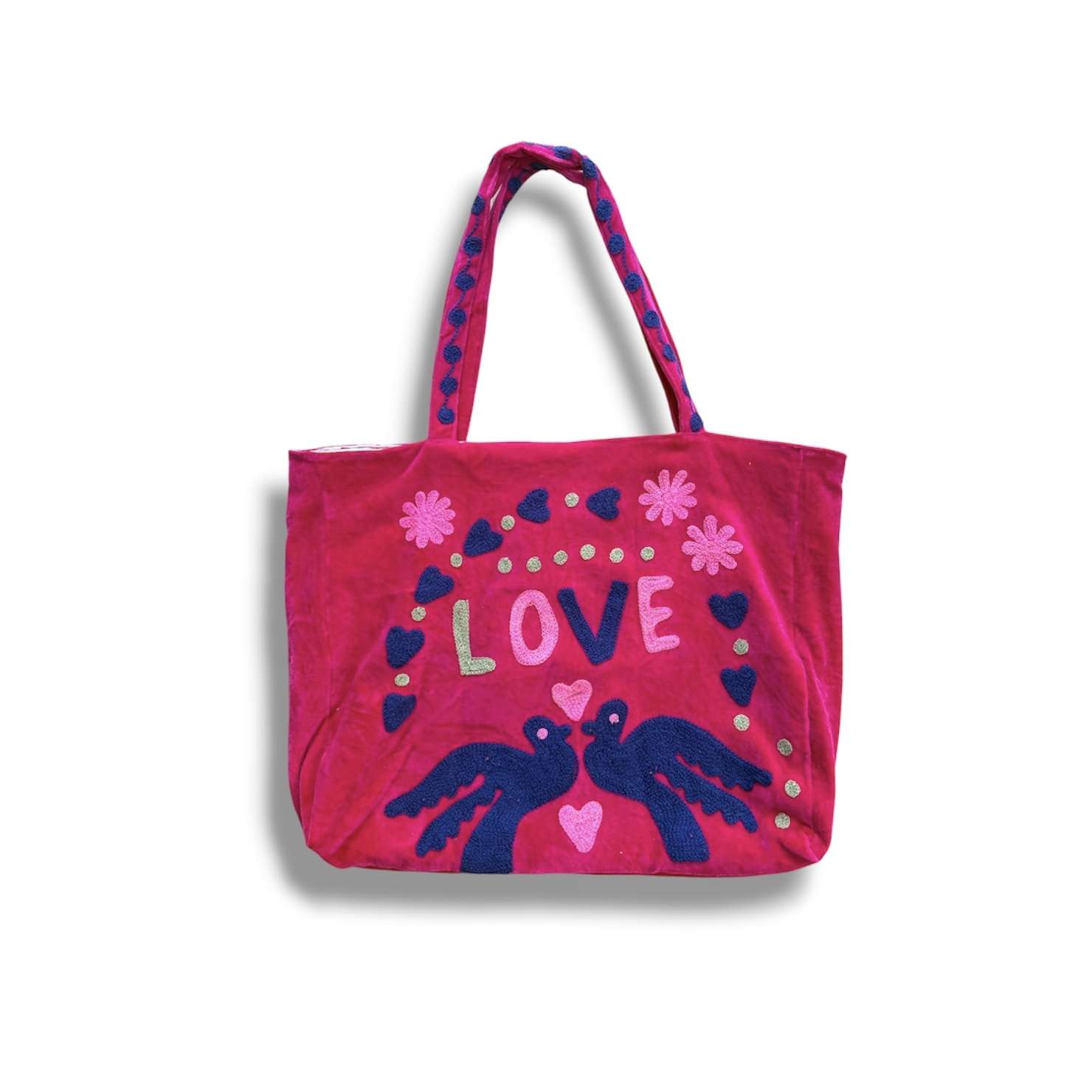 Sac cabas en velours brodé LOVE fuschia, mode boheme, Ma Jungle Family