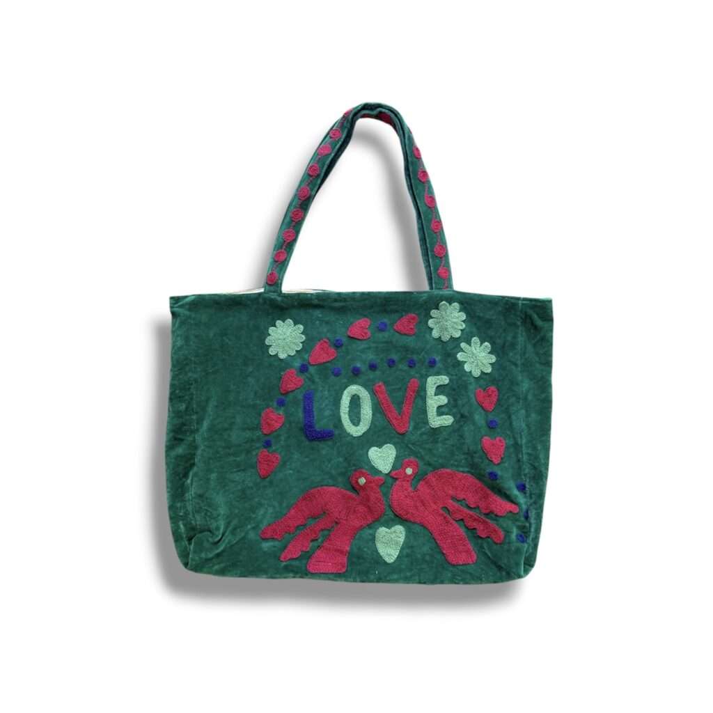 Sac de plage en velours vert pinède LOVE Ma Jungle Family, mode boheme