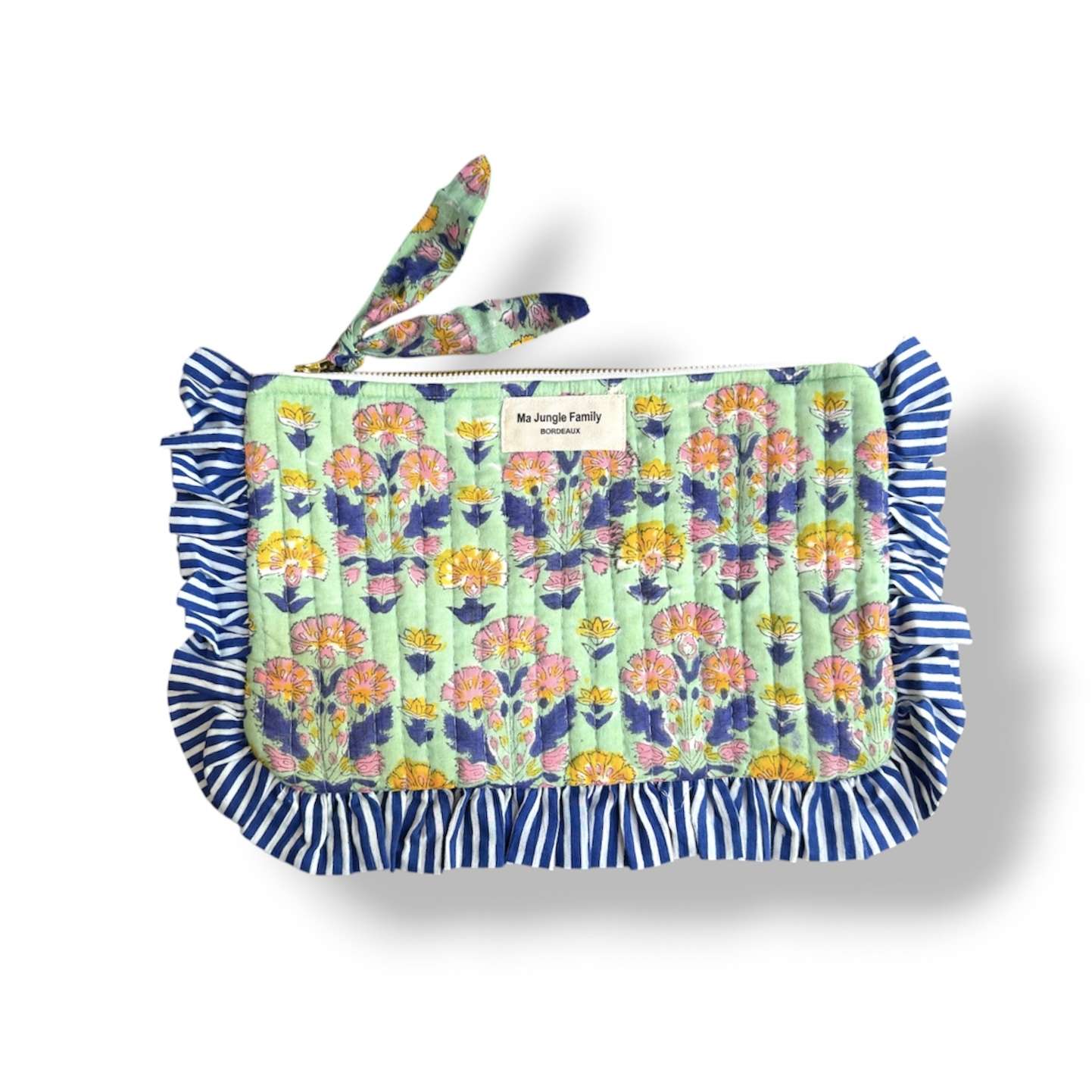 Pochette plate en coton indien matelassé, vert d’eau, lagoon, deco boheme, Ma jungle Family