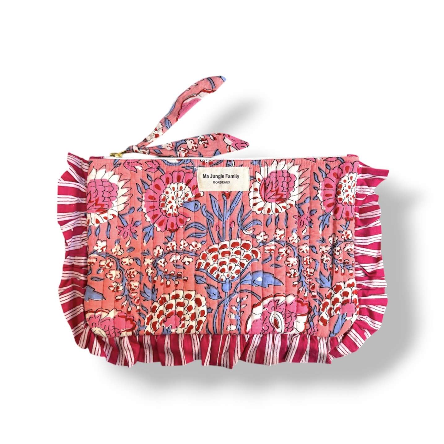 Pochette plate en coton indien matelassé, bougainvillier corail et rose a fleurs, deco boheme, Ma jungle Family