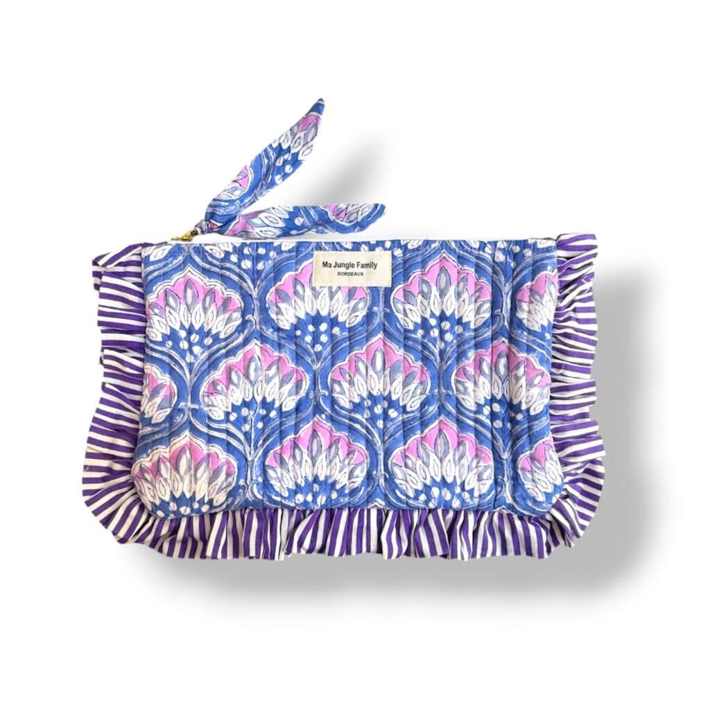 Pochette plate en coton indien matelassé, violette jacaranda, deco boheme, Ma jungle Family