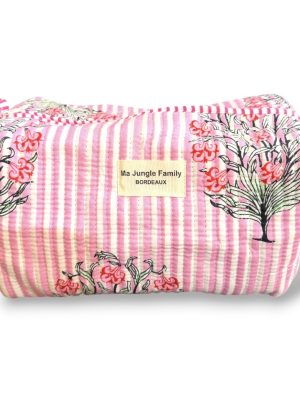 Trousse de toilette en coton matelasse indien imprime au blockprint, couleur a rayures roses