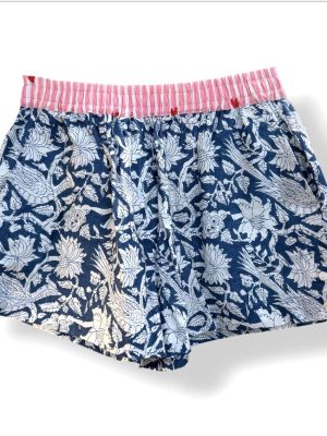 Short en coton indien bleu et rose