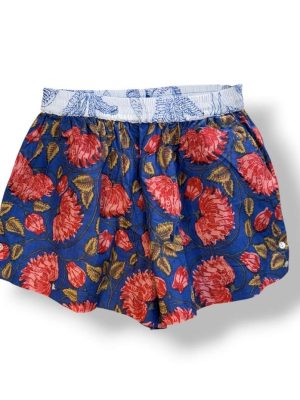 Short femme boheme bleu marine fleurs rouge