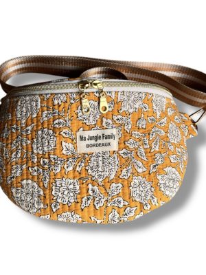 Sac banane en coton indien, tissu fleuri, double fermeture éclaire, jaune safran Ma jungle Family, bleu, cousu main, anse ajustable, matelassée, liberty