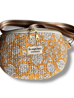 Sac banane en coton indien, tissu fleuri, double fermeture éclaire, jaune safran Ma jungle Family, bleu, cousu main, anse ajustable, matelassée, liberty