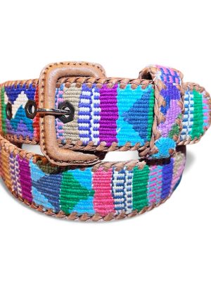 Ceinture brodée ethnique, coton tisse a la main, Guatemala, cuir véritable tresse. Là mansa, latch, Ma Jungle Family, l’île bleue, bordeaux, très colorée