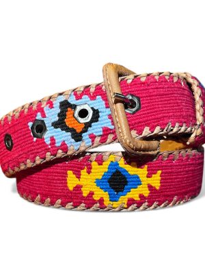 Ceinture brodée ethnique, coton tisse a la main, Guatemala, cuir véritable tresse. Là mansa, latch, Ma Jungle Family, l’île bleue, bordeaux, très colorée