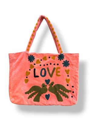 Sac cabas en velours brodé LOVE rose pêche, mode boheme, Ma Jungle Family