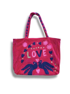 Sac cabas en velours brodé LOVE fuschia, mode boheme, Ma Jungle Family