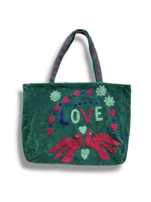 Sac de plage en velours vert pinède LOVE Ma Jungle Family, mode boheme